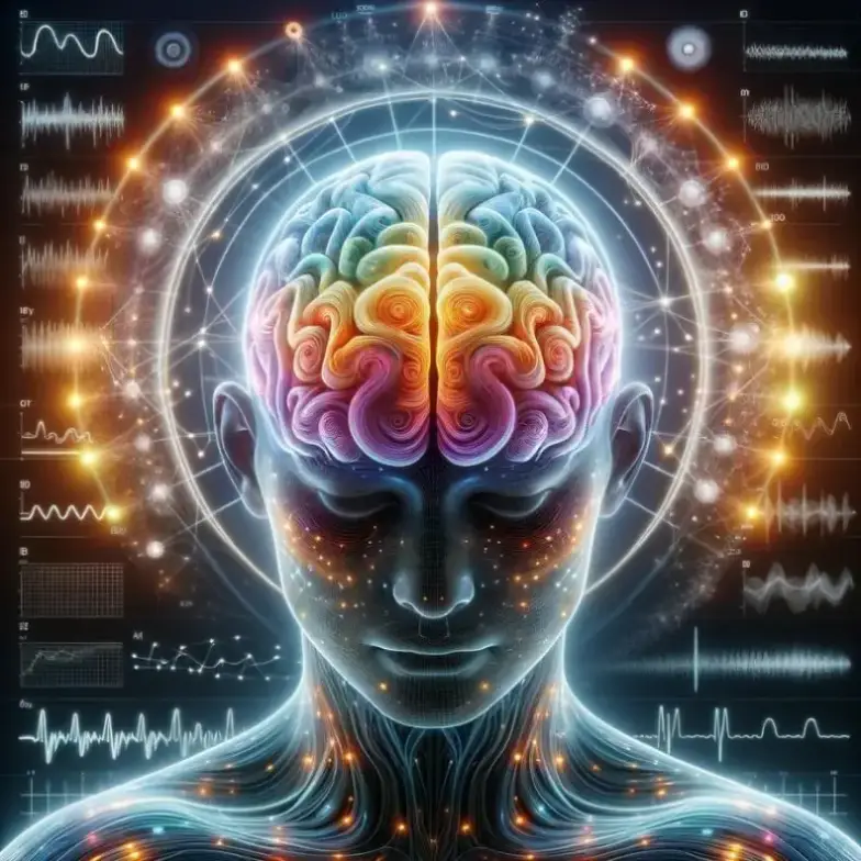 Ein Gehirn, beleuchtet durch unterschiedliche Farben, die die verschiedenen Frequenzen und deren Effekte auf die Gehirnwellenaktivität symbolisieren.