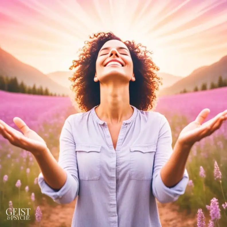 Eine Frau auf einem Feld erlebt Glücksgefühle und Harmonie als Zeichen vom Universum für Liebe