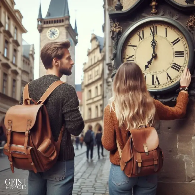 Ein Paar bemerkt gleichzeitig die Uhrzeit 11:11 auf einer Turmuhr