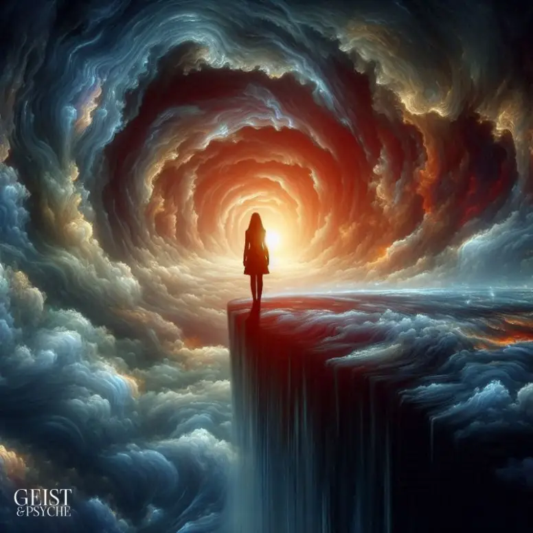 Person steht am Rand einer Klippe, blickt auf einen dramatischen, spiralförmigen Wolkenwirbel, der sich um eine zentrale Lichtquelle windet. Die Szene symbolisiert die dunkle Nacht der Seele, die als Depression aus spiritueller Sicht verstanden wird.