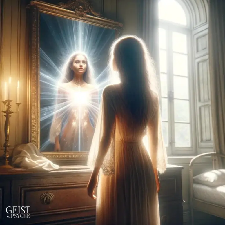 Eine Frau steht vor einem antiken Spiegel in einem klassisch eingerichteten Raum. Das Spiegelbild zeigt eine leuchtende, überirdische Version ihrer selbst, die aus reinem Licht besteht und die Seele symbolisiert. 