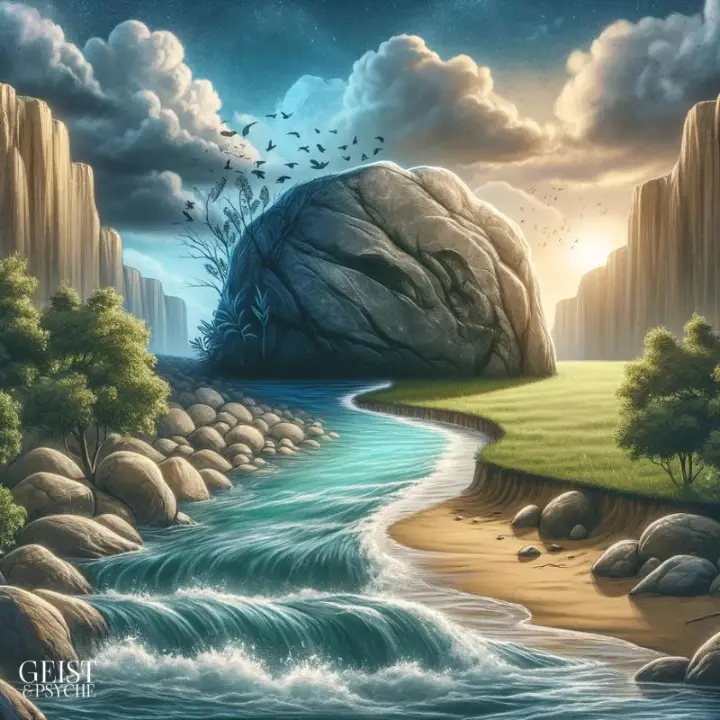 Eine Landschaft mit einem Fluss, der durch einen großen Felsen blockiert wird, was die durch Depression blockierte psychische Energie symbolisiert.