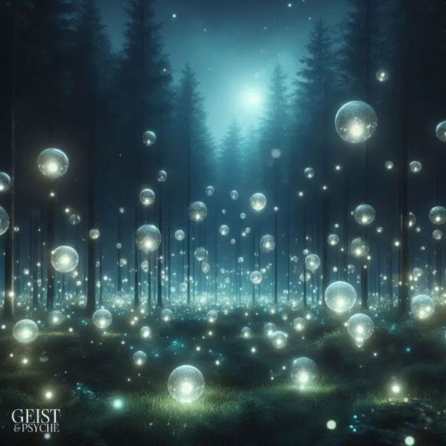 Ein nächtlicher Wald oder eine Wiese, beleuchtet von zahlreichen schimmernden Orbs und funkelnden Lichtern, die in der Luft schweben.