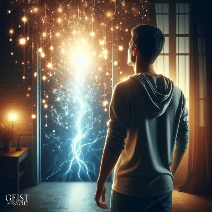 Eine Person, die in einem Raum steht und erstaunt auf schimmernde Lichter und Lichtblitze blickt, die plötzlich auftauchen.