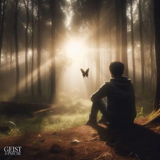  Ein Mensch, der allein in einem friedlichen Wald sitzt und durch das Sonnenlicht und das Flattern eines Schmetterlings eine subtile, aber spürbare Verbindung zu einem kürzlich verstorbenen geliebten Menschen spürt.
