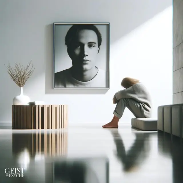 Eine Frau sitzt allein und nachdenklich auf dem Boden vor einem großen Porträt eines Mannes an der Wand. Dies ist ein deutliches Anzeichen für eine falsche Dualseele, da es das Gefühl der emotionalen Leere, der Einsamkeit und des Ungleichgewichts von Geben und Nehmen in der Beziehung darstellt.