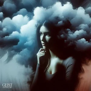 Eine nachdenkliche Frau mit langen, dunklen Haaren, umgeben von Wolken, die ihren Kopf einhüllen. Das Bild vermittelt eine Stimmung der Melancholie und des inneren Konflikts, passend zum Thema Als Selbstschutz Gefühle unterdrücken.
