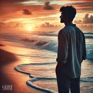 Der Gefühlsklärer gibt auf. Er steht bei Sonnenuntergang am Strand und blickt nachdenklich auf die Wellen des Ozeans, was ein Gefühl des Aufgebens vermittelt.