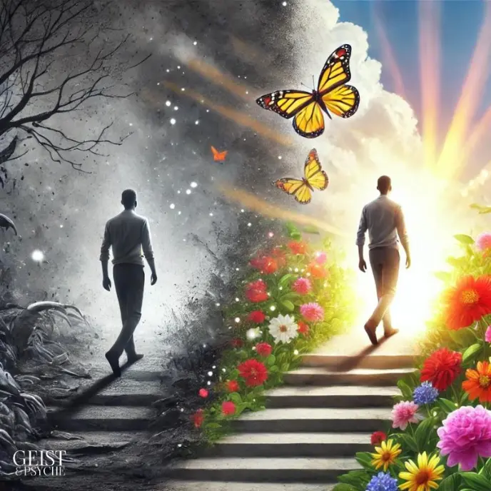 Der Übergang einer Person von einer grauen, düsteren Landschaft in eine helle, blühende Umgebung darstellen, was die Umwandlung negativer Gedanken in positive Energie symbolisiert und die negativen Gedanken aus spiritueller Sicht erklärt.
