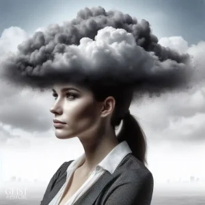 Eine Frau, die eine dunkle Wolke über dem Kopf hat, was negatie Gedanken aus spiritueller Sicht symbolisiert.