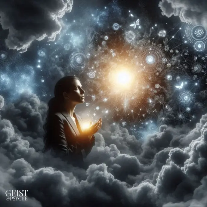 Die spirituelle Sicht auf negative Gedanken: EinerFrau, die von dunklen Wolken umgeben ist, aus denen leuchtende Symbole hervorgehen, was wichtige Botschaften und Erkenntnisse repräsentiert.