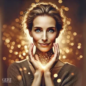 Eine Frau mit leuchtenden Augen und einem strahlenden Licht in ihren Händen, das ihre Selbstliebe symbolisiert.