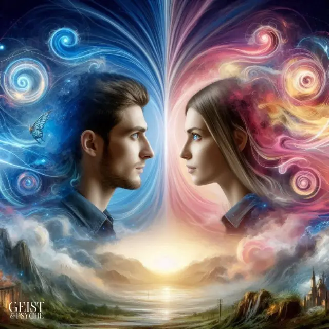 Zwei Dualseelen blicken sich tief in die Augen und sind durch den Dualseelen-Kuss verbunden, während um sie herum verschiedene Farben und Symbole von Energie und Emotionen wirbeln.