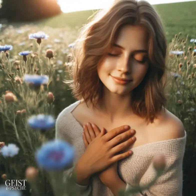 Eine Frau in der Natur, die eine emotionale Heilung nach seelischer Verletzung erlebt
