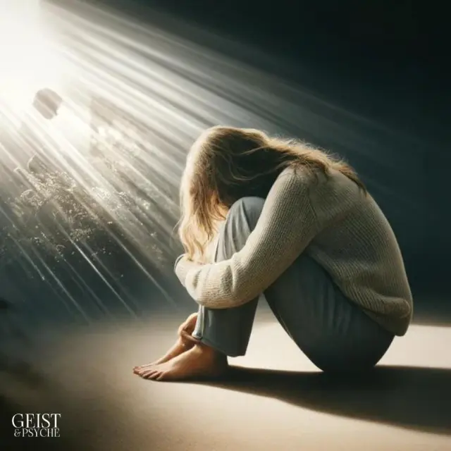 Eine Frau sitzt zusammengekauert auf dem Boden und wird von einem Lichtstrahl von oben beleuchtet, der emotionale Heilung symbolisiert.