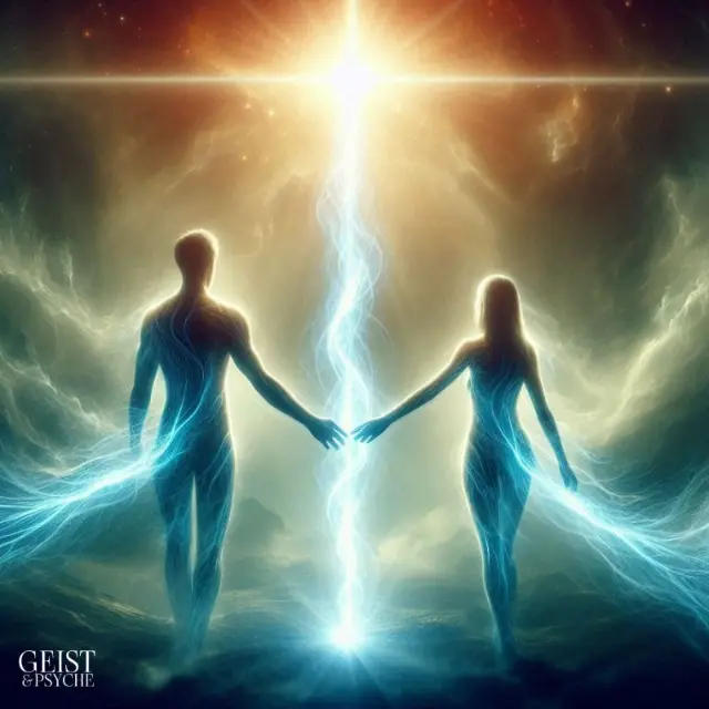 Zwei Dualseelen, die sich an den Händen halten, während ein leuchtender Energiestrom entlang ihrer Körper als emotionale und energetische Auswirkung des Dualseelen-Kusses sichtbar wird.
