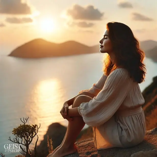 Eine Frau sitzt entspannt auf einem Felsen und genießt den Sonnenuntergang über dem Meer, ein Moment der Ruhe trotz der Symptome fehlender Selbstliebe. Die friedliche Umgebung heilt den inneren emotionalen Kampf. 