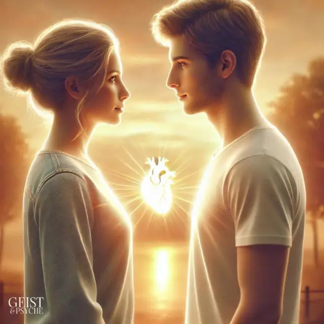 Ein Mann und eine Frau stehen sich bei Sonnenuntergang gegenüber, mit einem leuchtenden Herzsymbol zwischen ihnen, das Liebe und Verbindung darstellt. Diese Szene symbolisiert die Transformation eines Gefühlsklärers, der Veränderungen in seiner emotionalen und spirituellen Reise erlebt. Der sanfte Lichteinfall und die harmonische Atmosphäre verstärken die tiefe Verbindung und das Verständnis zwischen den beiden Personen.