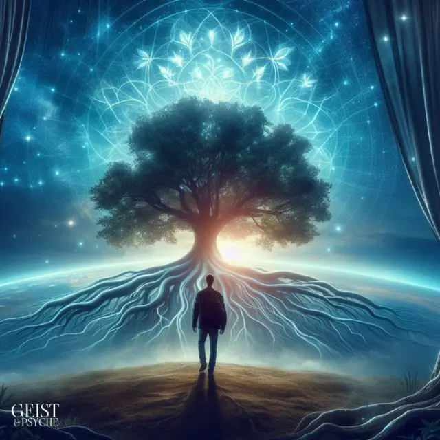 Ein Mann steht vor einem majestätischen Baum mit weit verzweigten Wurzeln und einem leuchtenden Himmel im Hintergrund, der spirituelle Erleuchtung und Wachstum symbolisiert. Diese Szene stellt die Reise eines Gefühlsklärers in seiner Transformation im Dualseelenprozess dar. Die leuchtenden Muster und der kosmische Hintergrund verstärken das Gefühl von tiefer Verbundenheit und innerer Wandlung.