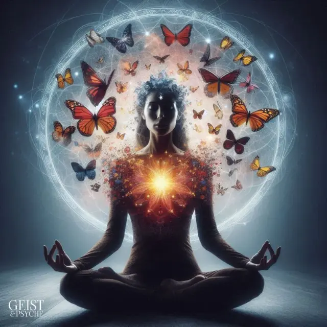 Eine Frau meditiert im Schneidersitz, umgeben von bunten Schmetterlingen, die aus ihrem Herzen zu strömen scheinen, mit einem leuchtenden Licht im Brustbereich, das Transformation symbolisiert. Die Szene zeigt die spirituelle Reise eines Gefühlsklärers in seiner Transformation. 