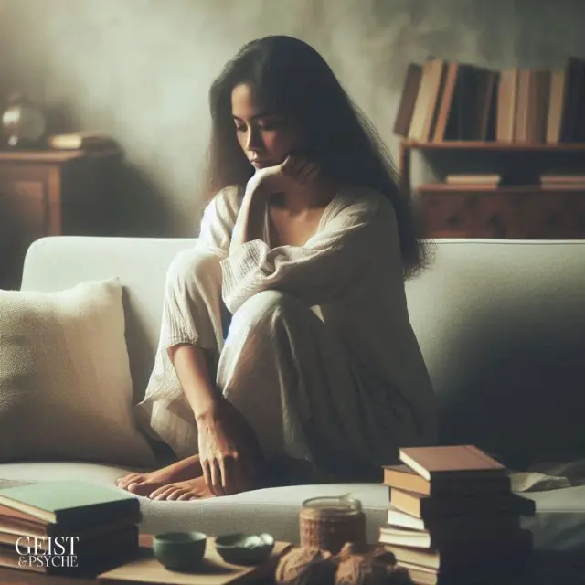 Eine Frau sitzt nachdenklich auf einem Sofa, umgeben von Büchern und Kerzen, und scheint tief in Gedanken versunken zu sein. Die Szene vermittelt eine Atmosphäre der Melancholie und inneren Reflexion, die die emotionale Reise des Gefühlsklärers darstellt, der den Loslasser vermisst. Diese visuelle Darstellung betont die intensive emotionale Erfahrung und den inneren Konflikt, die typisch für die Dynamik der Dualseelen-Achterbahn sind, besonders wenn der Gefühlsklärer den Loslasser vermisst.