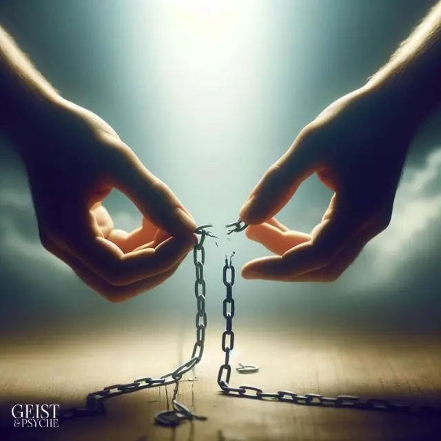 Zwei Hände brechen symbolisch eine Kette, was das Thema 'Loslasser will Gefühlsklärer nicht mehr' darstellt. Die Szene symbolisiert das Durchtrennen emotionaler Bindungen und den Akt des Loslassens.