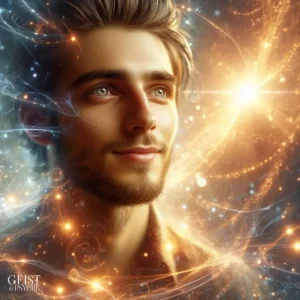 Ein junger Mann mit einem sanften Lächeln, umgeben von funkelnden Lichtern und einem leuchtenden Stern, symbolisiert die spirituelle Energie, die beim Seelenpartner rufen freigesetzt wird. Das Bild vermittelt Hoffnung und die tiefe Verbindung, die entsteht, wenn man Seelenpartner in sein Leben manifestiert.