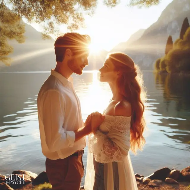 Ein Paar hält sich an den Händen und schaut sich tief in die Augen, während hinter ihnen die Sonne über einem See aufgeht, was die tiefe Verbundenheit und den Ruf des Seelenpartners symbolisiert. Diese Szene strahlt Ruhe und Romantik aus und verkörpert die Manifestation wahrer Liebe und die spirituelle Vereinigung von Seelenpartnern.