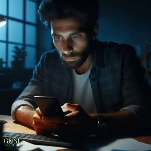 Ein Mann sitzt in einem dunklen Raum und starrt intensiv auf sein Handy. Das Bild zeigt, wie sich ein Seelenpartner widersprüchlich verhält, was zu Sorgen und Nachdenken führt.