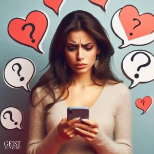 Eine Frau schaut besorgt auf ihr Handy, umgeben von Herz- und Fragezeichensymbolen. Das Bild illustriert den Artikel "Seelenpartner verhält sich widersprüchlich: So gehst du damit um" und spiegelt die Verwirrung und Unsicherheit wider, die durch widersprüchliches Verhalten eines Seelenpartners entstehen kann.