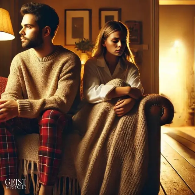 Ein Paar sitzt emotional distanziert auf einem Sofa; der Mann schaut nachdenklich zur Seite, während die Frau mit einem besorgten Gesichtsausdruck neben ihm sitzt. Das Bild zeigt, wie sich ein Seelenpartner widersprüchlich verhält und die Beziehung belastet.
