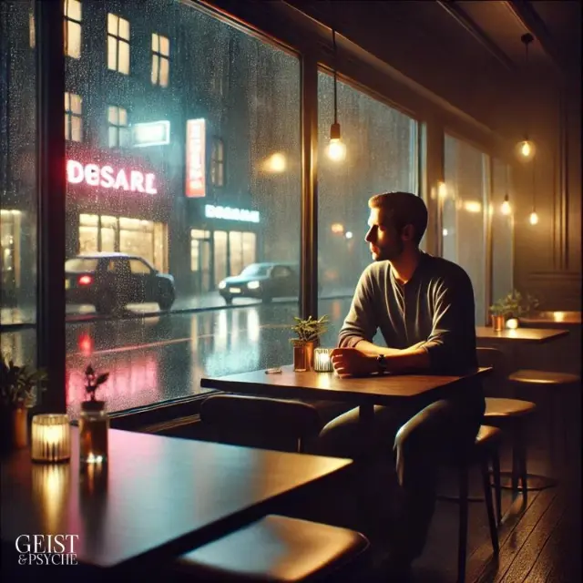 Ein Mann sitzt alleine in einem Café und blickt nachdenklich aus dem Fenster auf eine regnerische Straße. Diese Szene veranschaulicht das Thema 'Loslasser will Gefühlsklärer nicht mehr' und vermittelt die Einsamkeit und Reflexion, die mit dem emotionalen Loslassen einhergehen.