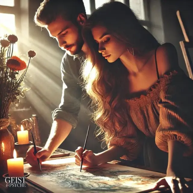 Ein Mann und eine Frau malen zusammen an einem Kunstwerk, das in warmes Licht getaucht ist, das durch ein Fenster einfällt. Diese Seelenpartner sehen sich ähnlich und schaffen gemeinsam kreative Projekte. 