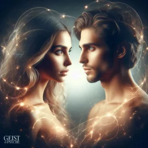 Ein Mann und eine Frau, die sich tief in die Augen schauen, umgeben von einem leuchtenden, spiralförmigen Energiefeld. Diese Seelenpartner sehen sich ähnlich.
