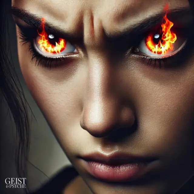 Ein intensiver Blick einer Frau mit flammenden Augen symbolisiert feurige Wut und wirft die Frage auf: Welches Bedürfnis steckt hinter Wut und welche Psychologie liegt ihr zugrunde? 