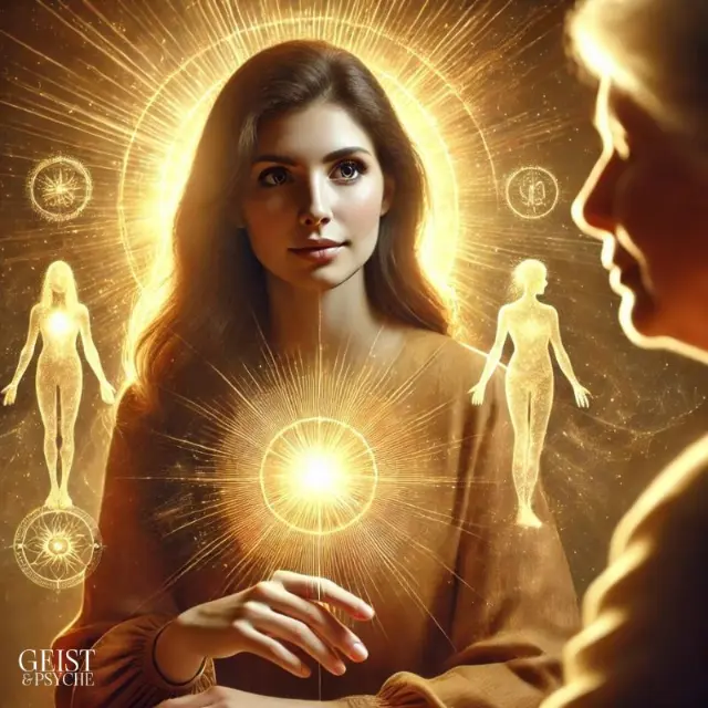 Eine junge Frau mit einer strahlenden Aura, umgeben von leuchtenden spirituellen Symbolen und einer älteren Person im Vordergrund, die auf sie blickt. Diese Darstellung zeigt die tiefe Verbindung und Resonanz, die alte Seelen verstehen, und symbolisiert die 5 Dinge, die nur alte Seelen verstehen, durch Licht, Energie und generationsübergreifende Weisheit.