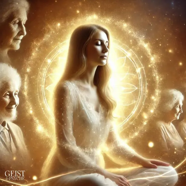 Eine junge Frau sitzt meditierend, umgeben von goldenem Licht, das tiefe spirituelle Energie und Weisheit symbolisiert. Im Hintergrund erscheinen ältere Frauen, die die Reife und Einsicht repräsentieren, die nur alte Seelen besitzen. Dieses Bild symbolisiert die 5 Dinge, die nur alte Seelen verstehen, dargestellt durch Meditation und die Verbindung zu früheren Generationen.