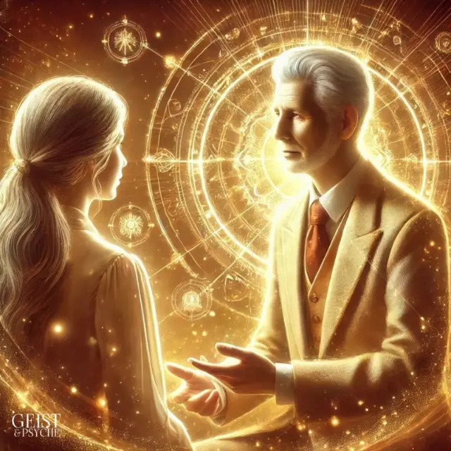 Bild einer alten Seele, die als Mentor oder Berater mit Klienten arbeitet und ihre spirituellen Fähigkeiten und Erfahrungen einbringt. Die Figuren strahlen Weisheit aus in einer warmen, spirituellen Atmosphäre, umgeben von subtilen Symbolen vergangener Leben. Das Bild stellt die Fähigkeiten einer alten Seele und den Beruf als Berufung dar.