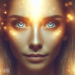 Nahaufnahme eines Gesichts mit strahlend blauen Augen, umgeben von goldenen Lichtpartikeln, die eine Aura der Weisheit und inneren Ruhe ausstrahlen – typisch für das Erkennen einer alten Seele an den Augen.