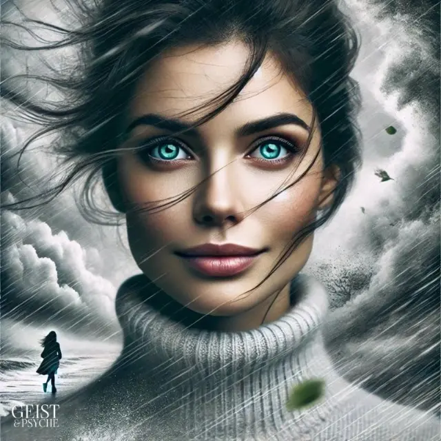 Portrait einer Frau mit strahlend blauen Augen und wehendem Haar, im Hintergrund eine dramatische Wolkenlandschaft und eine einsame Gestalt. Der intensive Blick und der ruhige Ausdruck stehen für das Thema Alte Seele an Augen erkennen.
