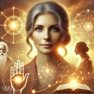 Eine Frau, die eine alte Seele in einem Beruf darstellt, der ihre Berufung repräsentiert. Die spirituelle "alte Seele" wird als Lehrerin, Heilerin und Führerin abgebildet. Die Symbole für Heilung, Führung und Weisheit sind dezent in den Hintergrund integriert, wobei die mystische und warme Atmosphäre nicht zu kurz kommt.