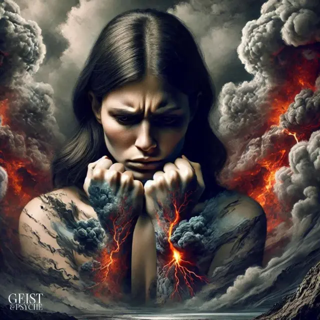 Eine Frau mit besorgtem und wütendem Gesichtsausdruck, ihre Hände fest zu Fäusten geballt. Aus ihren Armen und Händen brechen Vulkane aus, begleitet von rauchenden Wolken und glühender Lava, symbolisch für unterdrückte Wut. Dieses Bild stellt metaphorisch die Symptome unterdrückter Wut dar, die wie Vulkanausbrüche von innen heraus brodeln und nach außen dringen.
