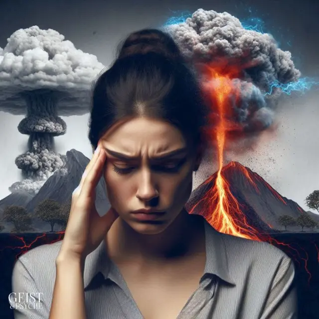 Eine Frau hält ihren Kopf mit geschlossenen Augen, sichtlich überfordert und gestresst. Im Hintergrund explodieren ein Vulkan und ein Atompilz, die symbolisch für die destruktive Kraft unterdrückter Wut stehen. Das Bild verdeutlicht die Symptome unterdrückter Wut, die im Inneren brodeln und sich explosiv äußern können.