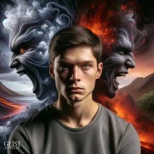 Ein junger Mann mit neutralem Gesichtsausdruck, flankiert von zwei verrauchten Gesichtern, die Wut und Aggression ausdrücken. Es visualisiert das Konzept der unterdrückten Wut Symptome - äußerlich ruhig, aber innerlich von starken Emotionen geprägt.
