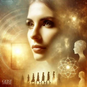 Eine Frau, die als spirituelle "alte Seele" viele Leben und Inkarnationen durchlebt hat. Sie strahlt Weisheit und innere Ruhe aus, während vergangene Erfahrungen sanft im Hintergrund erscheinen. Das Bild passt zum Thema "Was ist eine alte Seele? So erkennst du die Zeichen"