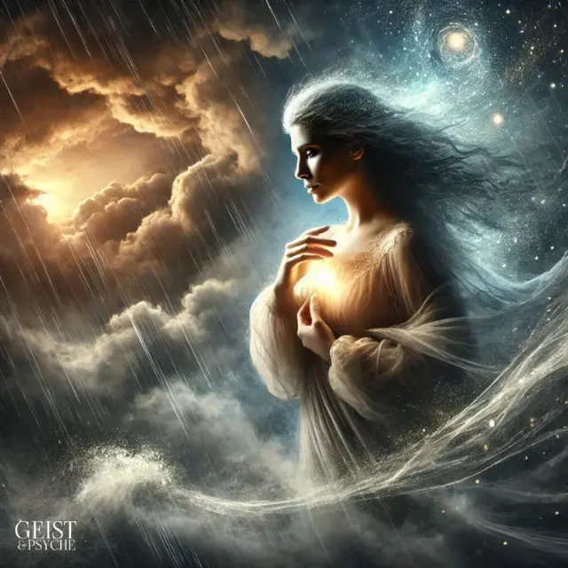  Eine Frau mit fließendem Haar hält ihr leuchtendes Herz, während sie von Regen und stürmischen Wolken umgeben ist. Dies symbolisiert die innere Stärke und die emotionalen Herausforderungen, denen sich alte Seelen in ihrem schwierigen Leben stellen müssen. Der Kontrast zwischen Licht und Dunkelheit unterstreicht den spirituellen Kampf und die Suche nach Gleichgewicht. 
