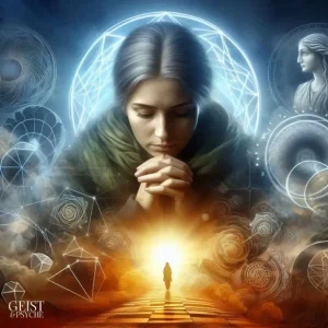 Eine nachdenkliche Frau mit gefalteten Händen symbolisiert das spirituelle Streben und die Herausforderungen, denen sich alte Seelen in ihrem schwierigen Leben stellen müssen. Umgeben von geometrischen Mustern und einem strahlenden Licht am Ende eines Weges spiegelt das Bild die Tiefe der Seele und die Suche nach innerem Frieden wider.