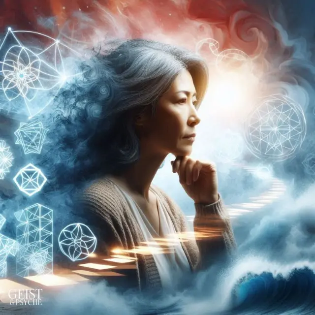 Eine nachdenkliche Frau blickt in die Ferne, umgeben von geometrischen Mustern und weichen Wolken, die ihre tiefe innere Reise symbolisieren. Der Lichtweg im Hintergrund steht für den Lebensweg, den alte Seelen trotz eines schwierigen Lebens gehen. 