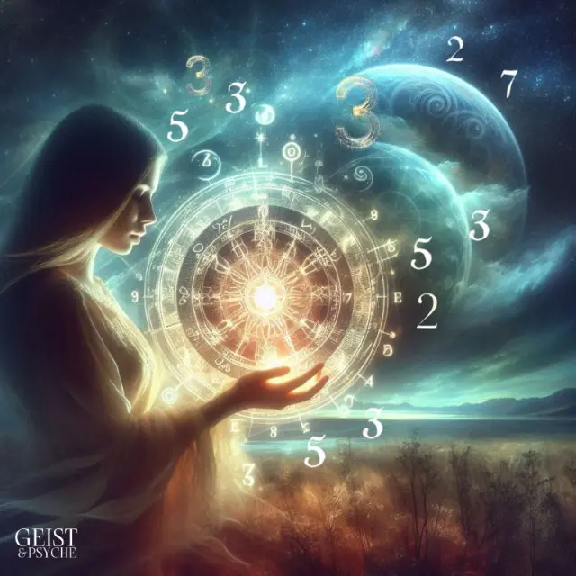 Eine Frau steht in einer mystischen Landschaft und hält eine leuchtende, astrologische Scheibe voller Symbole und Zahlen wie 3, 5, 2 und 7 in den Händen. Die Szene illustriert den Prozess, wie man die Seelenzahl berechnen kann, und symbolisiert die Verbindung von Numerologie und innerer Weisheit zur Erkenntnis der eigenen Persönlichkeit.