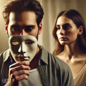 Ein Mann hält eine weiße Maske vor sein Gesicht, während eine Frau ernst im Hintergrund steht. Die Szene vermittelt emotionale Distanz und symbolisiert, wie eine Dualseele ihre wahren Gefühle hinter der Maske des Gefühlsklärers verbirgt.